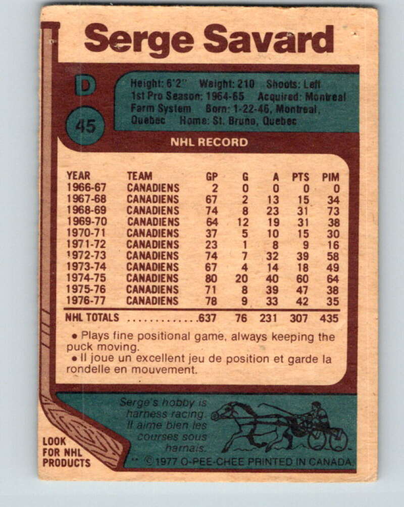 1977-78 O-Pee-Chee #45 Serge Savard Montreal Canadiens V13223