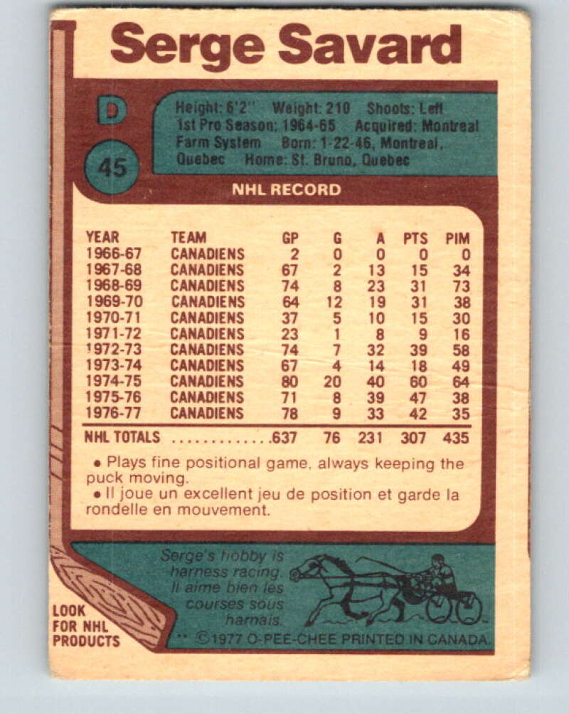 1977-78 O-Pee-Chee #45 Serge Savard Montreal Canadiens V13228