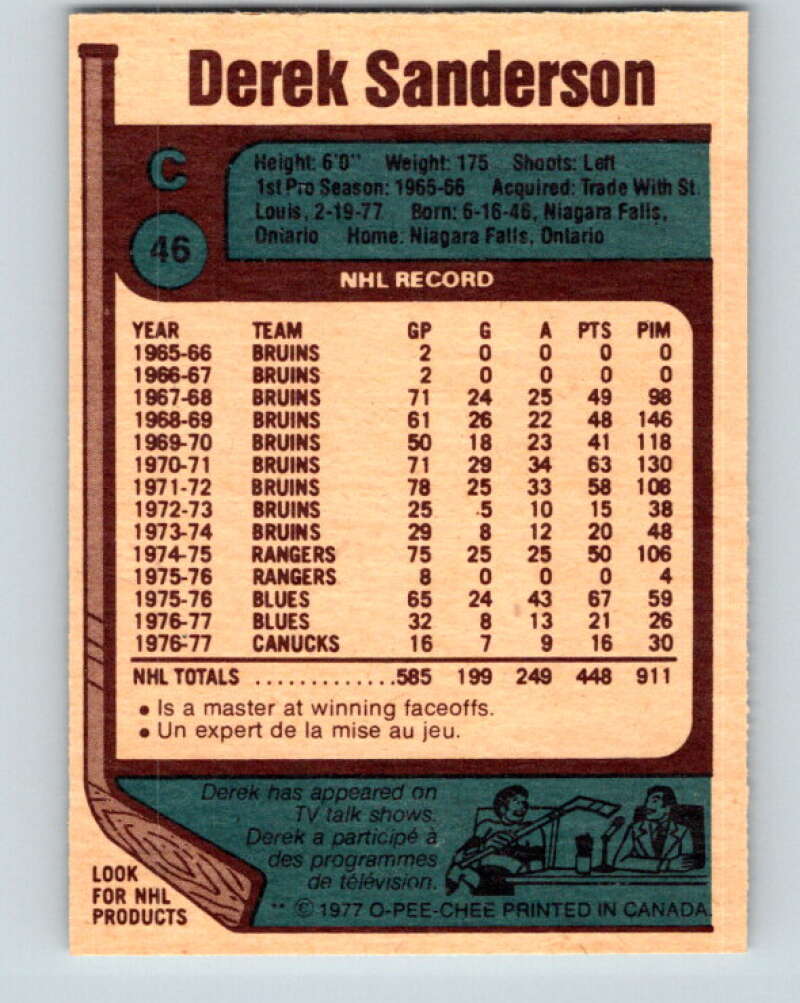 1977-78 O-Pee-Chee #46 Derek Sanderson Vancouver Canucks V13230