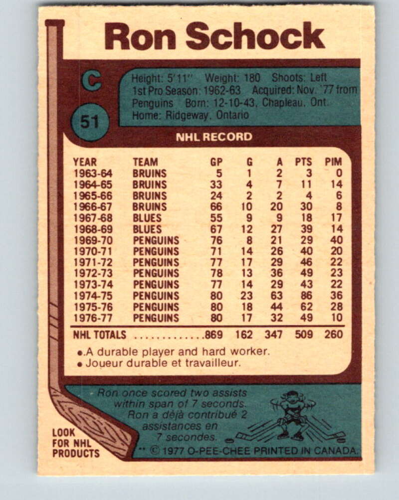 1977-78 O-Pee-Chee #51 Ron Schock Buffalo Sabres V13260