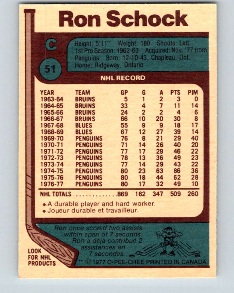 1977-78 O-Pee-Chee #51 Ron Schock Buffalo Sabres V13261