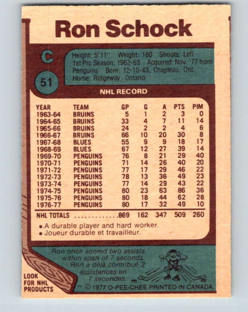1977-78 O-Pee-Chee #51 Ron Schock Buffalo Sabres V13264
