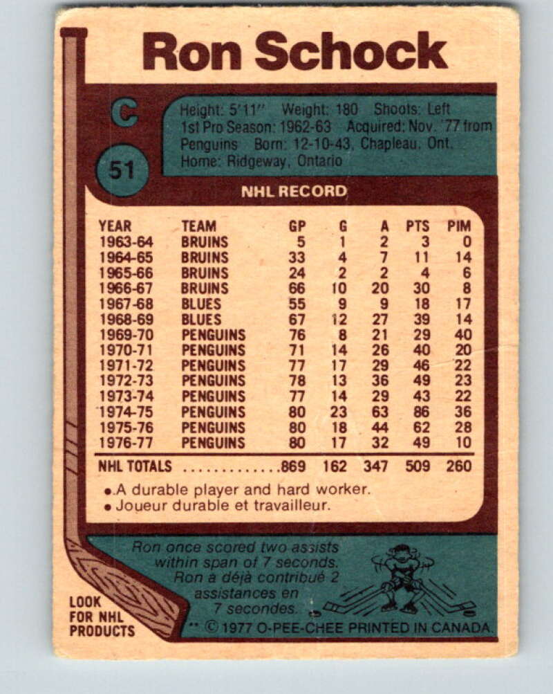 1977-78 O-Pee-Chee #51 Ron Schock Buffalo Sabres V13268