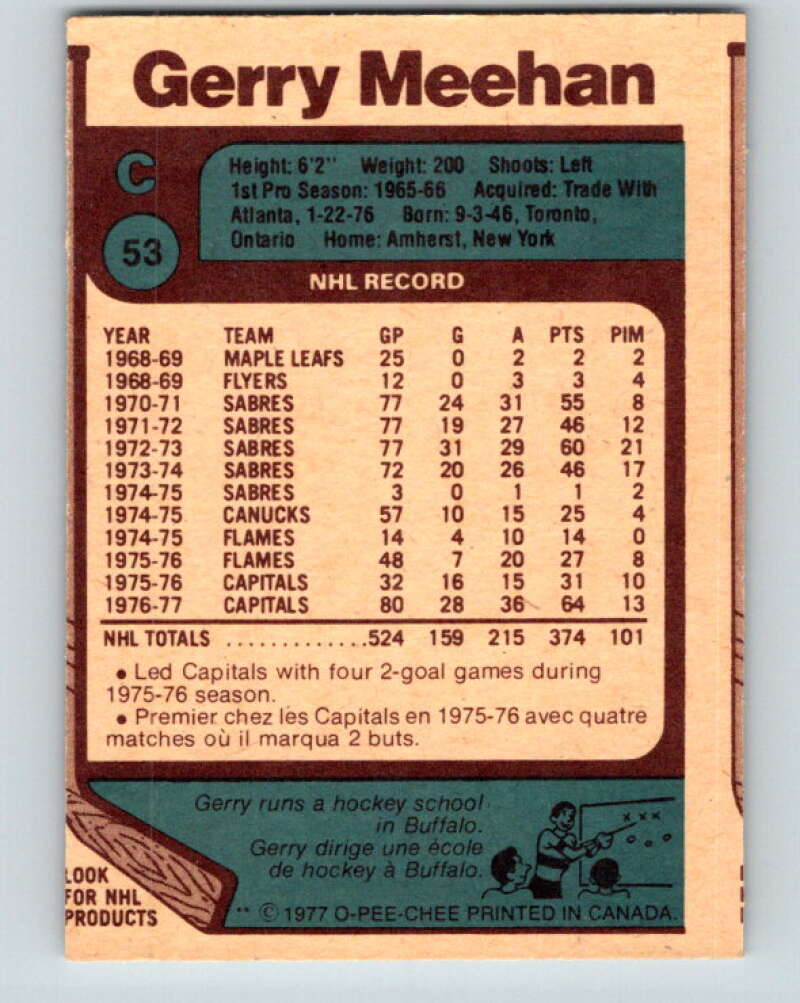 1977-78 O-Pee-Chee #53 Gerry Meehan Washington Capitals V13276