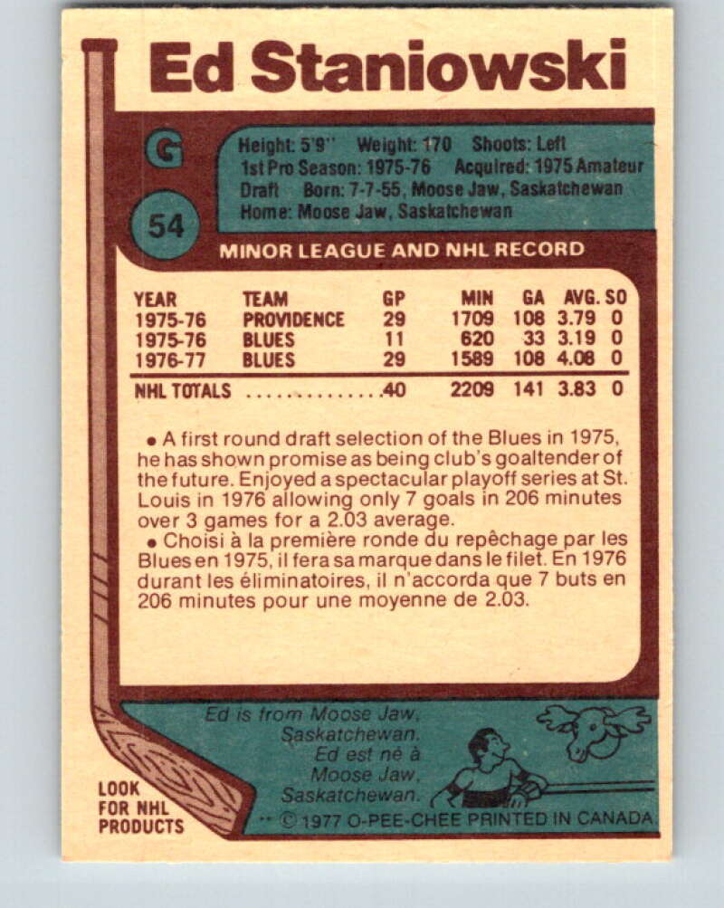 1977-78 O-Pee-Chee #54 Ed Staniowski St. Louis Blues V13277