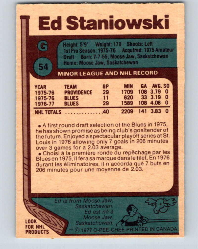 1977-78 O-Pee-Chee #54 Ed Staniowski St. Louis Blues V13279