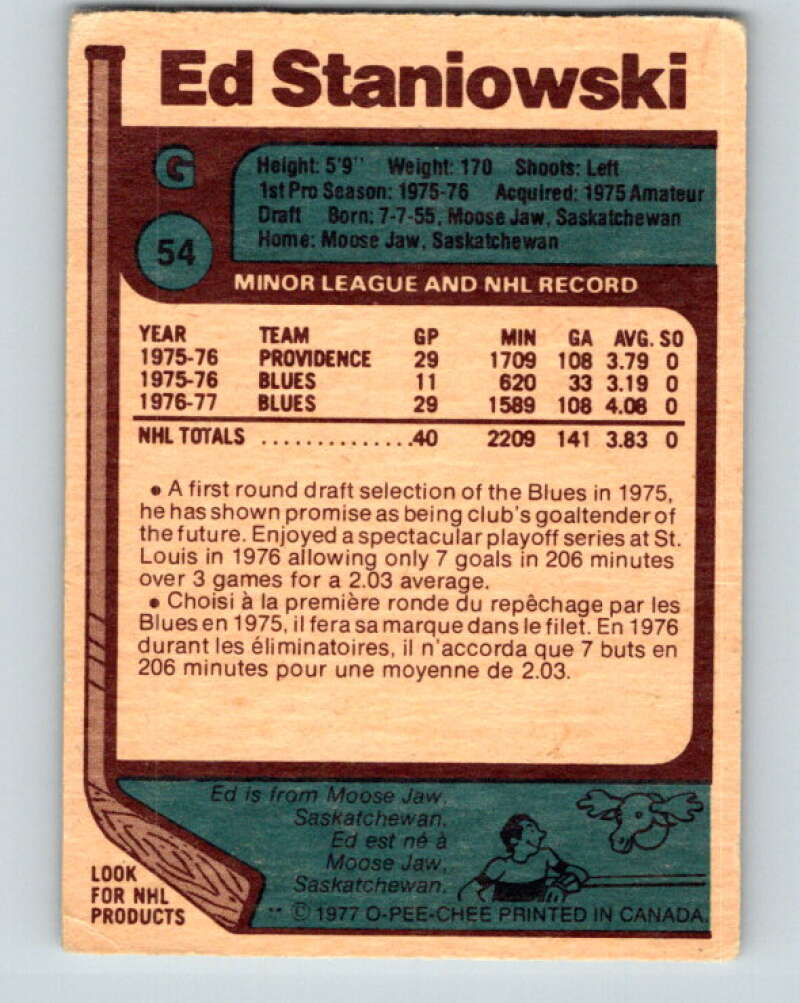 1977-78 O-Pee-Chee #54 Ed Staniowski St. Louis Blues V13280