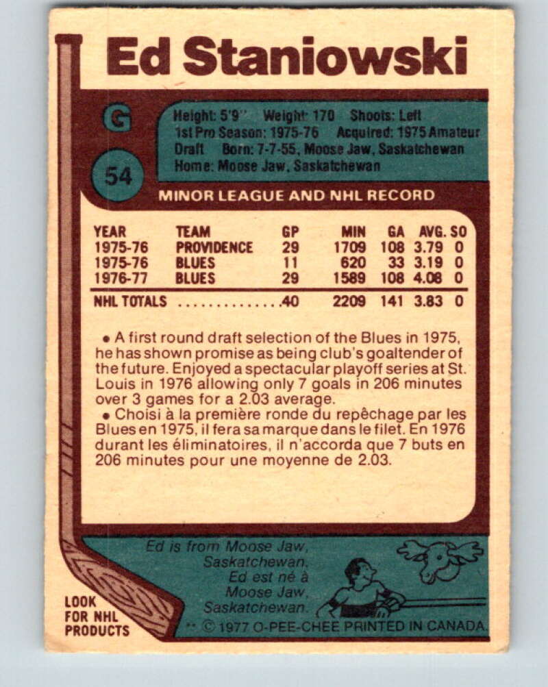 1977-78 O-Pee-Chee #54 Ed Staniowski St. Louis Blues V13281
