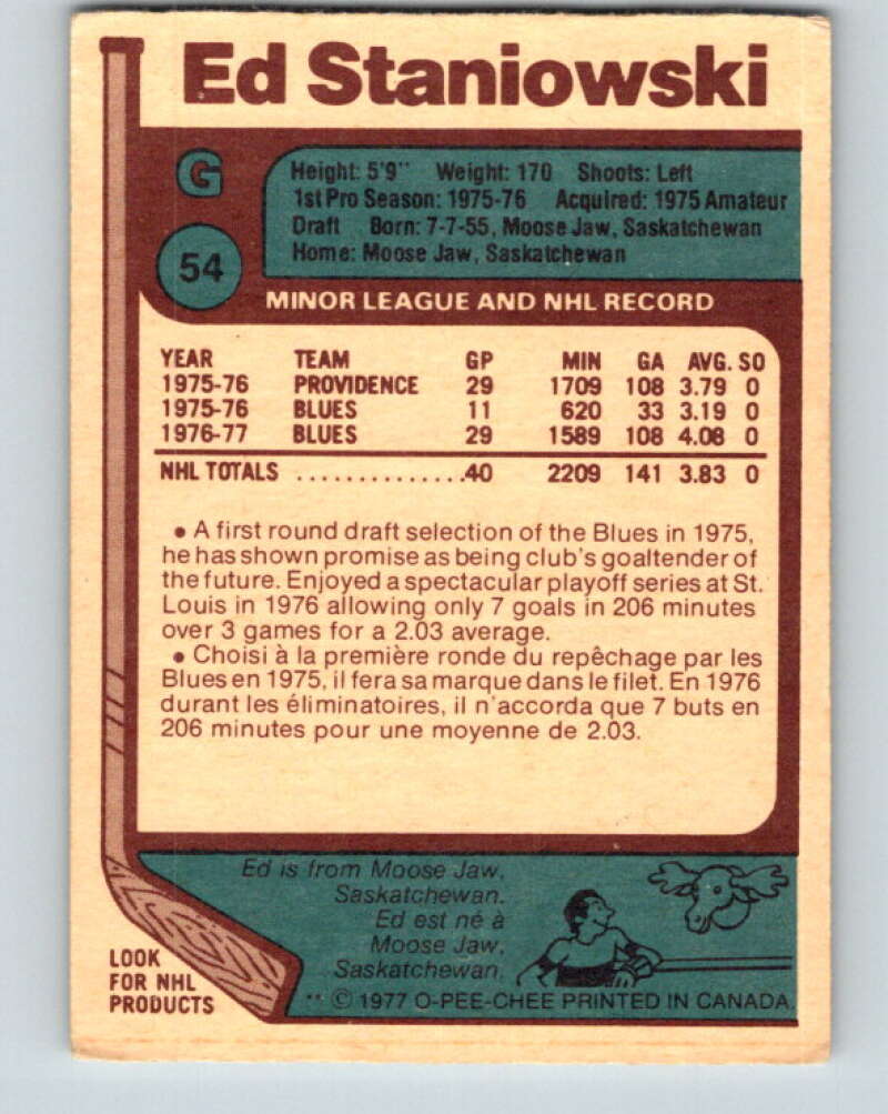 1977-78 O-Pee-Chee #54 Ed Staniowski St. Louis Blues V13282