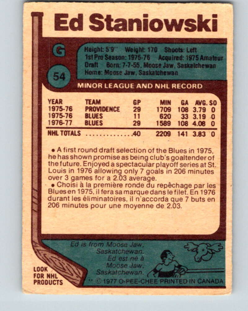 1977-78 O-Pee-Chee #54 Ed Staniowski St. Louis Blues V13283