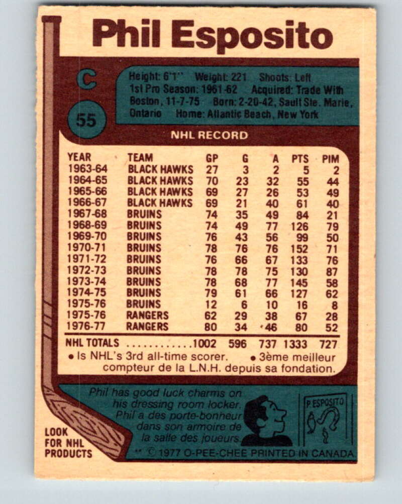 1977-78 O-Pee-Chee #55 Phil Esposito UER New York Rangers V13284