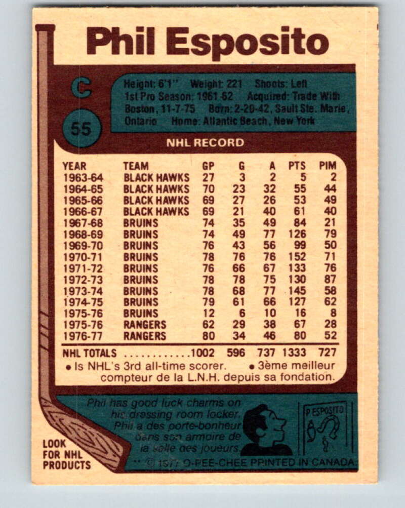 1977-78 O-Pee-Chee #55 Phil Esposito UER New York Rangers V13285