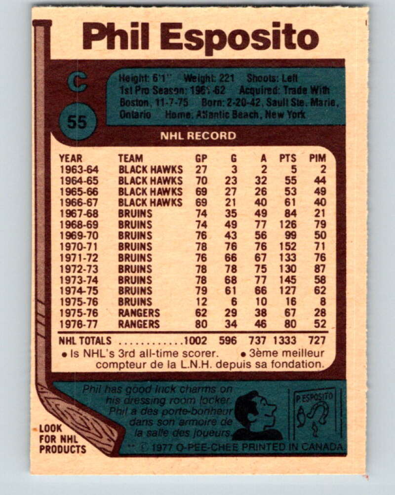 1977-78 O-Pee-Chee #55 Phil Esposito UER New York Rangers V13286