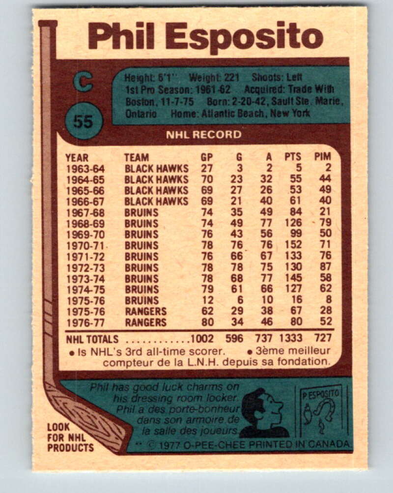1977-78 O-Pee-Chee #55 Phil Esposito UER New York Rangers V13287