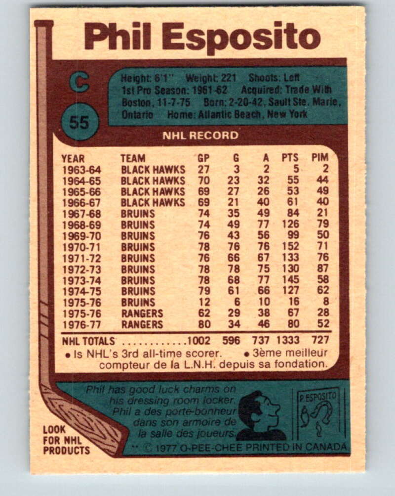 1977-78 O-Pee-Chee #55 Phil Esposito UER New York Rangers V13288