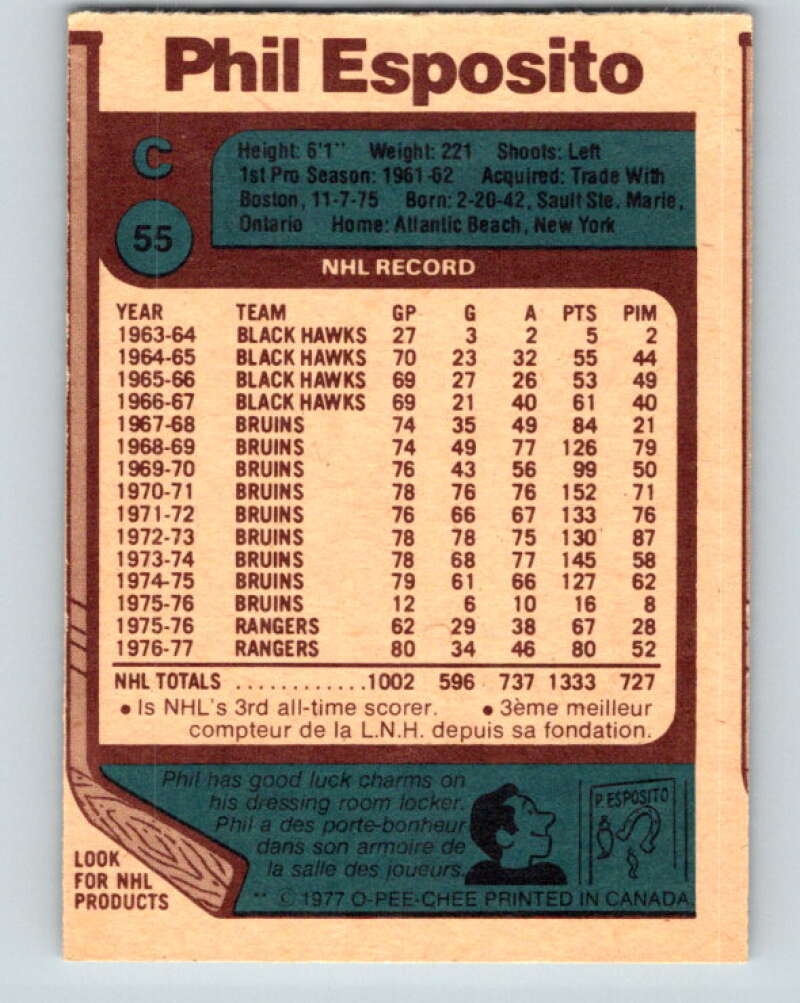 1977-78 O-Pee-Chee #55 Phil Esposito UER New York Rangers V13289