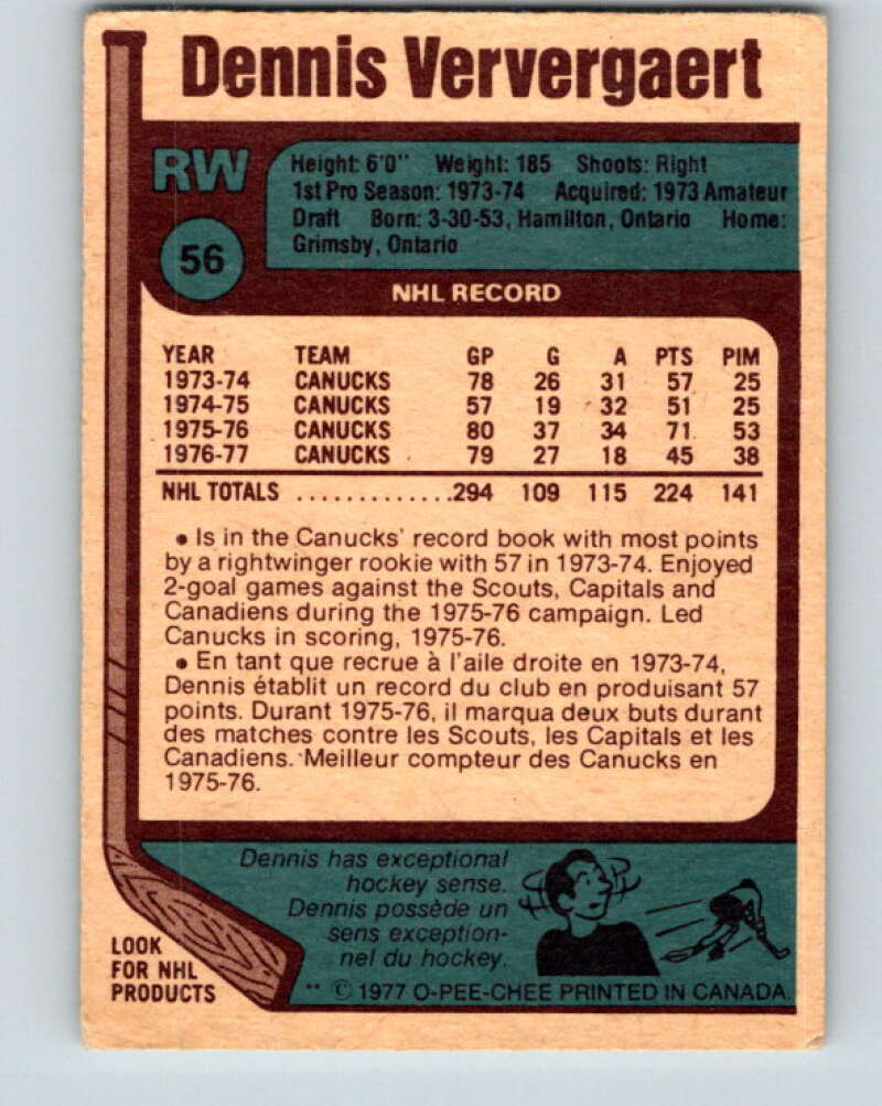 1977-78 O-Pee-Chee #56 Dennis Ververgaert Vancouver Canucks V13291