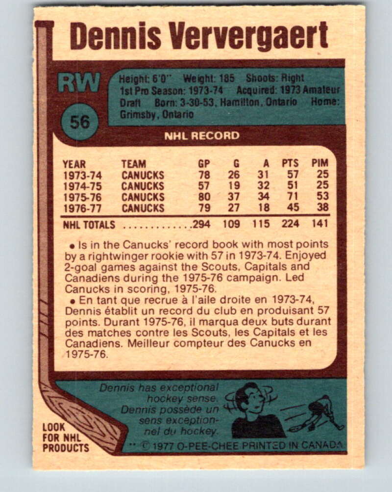 1977-78 O-Pee-Chee #56 Dennis Ververgaert Vancouver Canucks V13293