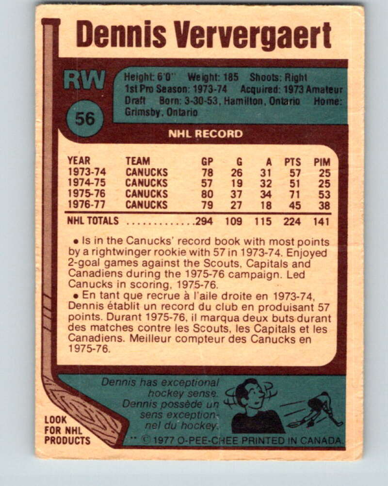 1977-78 O-Pee-Chee #56 Dennis Ververgaert Vancouver Canucks V13294