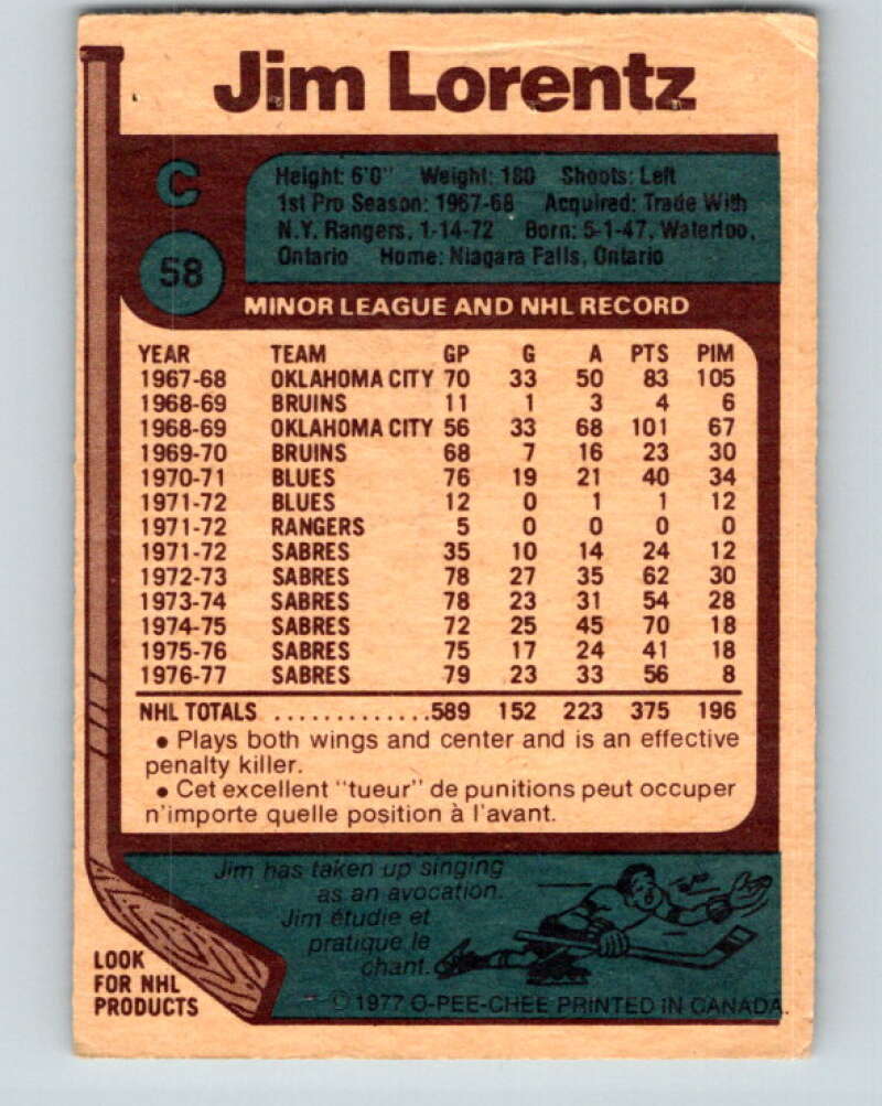 1977-78 O-Pee-Chee #58 Jim Lorentz Buffalo Sabres V13304