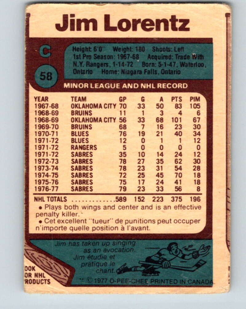 1977-78 O-Pee-Chee #58 Jim Lorentz Buffalo Sabres V13309