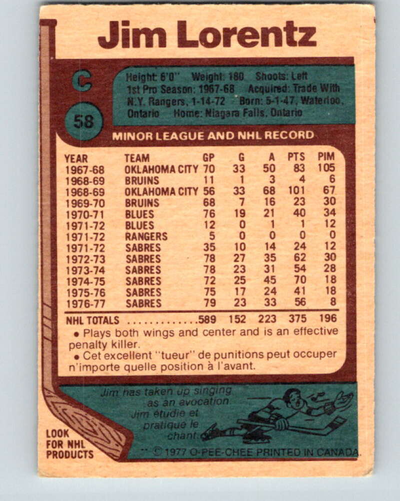 1977-78 O-Pee-Chee #58 Jim Lorentz Buffalo Sabres V13310