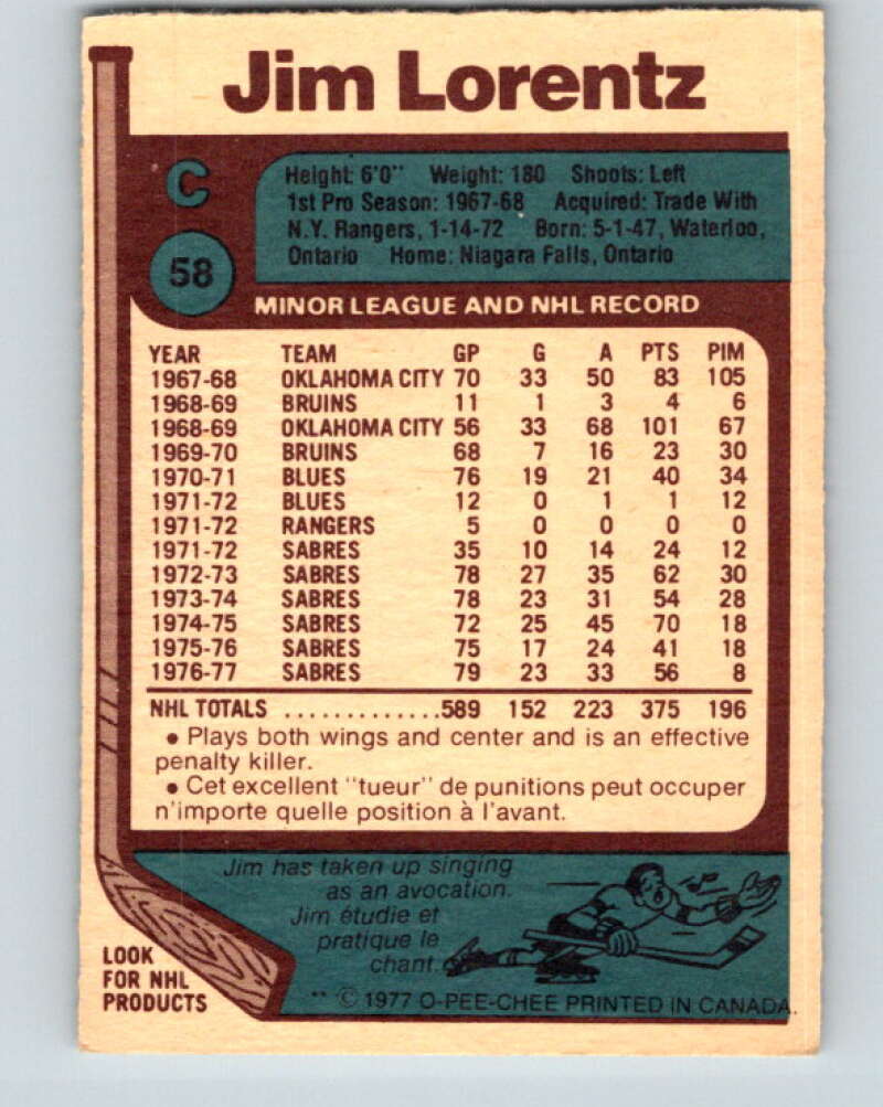 1977-78 O-Pee-Chee #58 Jim Lorentz Buffalo Sabres V13312