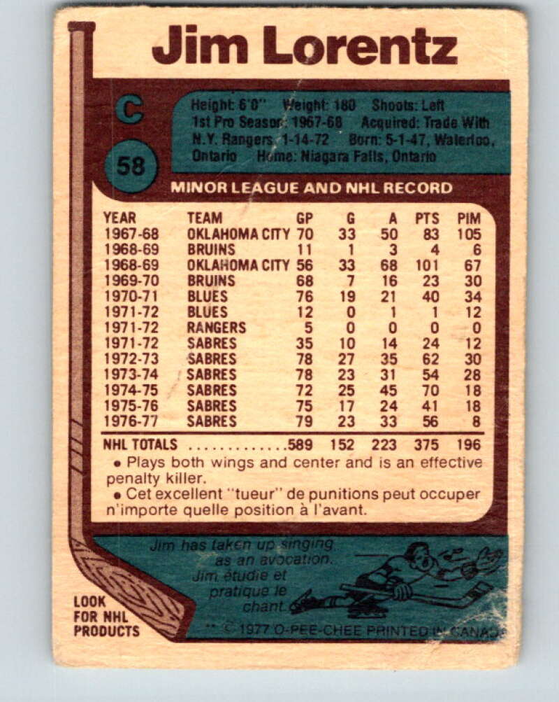 1977-78 O-Pee-Chee #58 Jim Lorentz Buffalo Sabres V13314