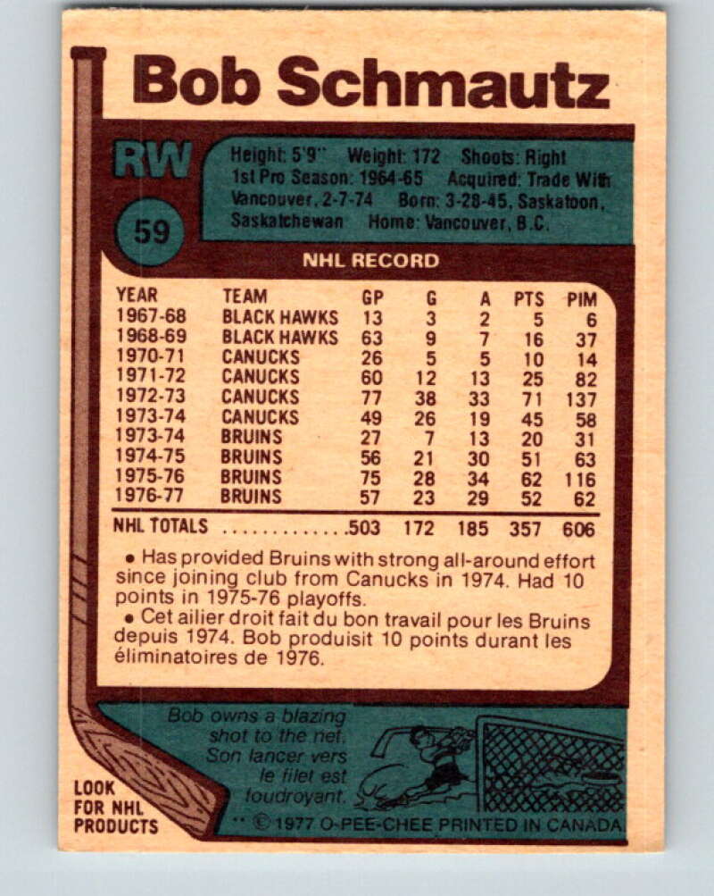 1977-78 O-Pee-Chee #59 Bobby Schmautz Boston Bruins V13318