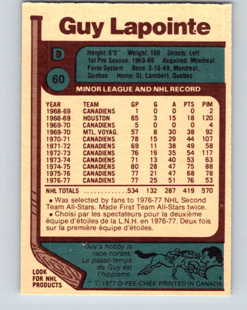 1977-78 O-Pee-Chee #60 Guy Lapointe AS Montreal Canadiens V13321