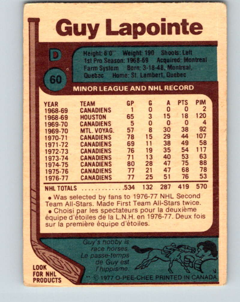 1977-78 O-Pee-Chee #60 Guy Lapointe AS Montreal Canadiens V13322