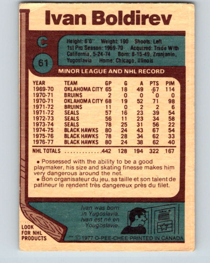1977-78 O-Pee-Chee #61 Ivan Boldirev Chicago Blackhawks V13325