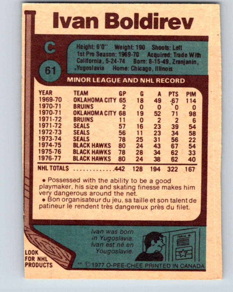 1977-78 O-Pee-Chee #61 Ivan Boldirev Chicago Blackhawks V13326