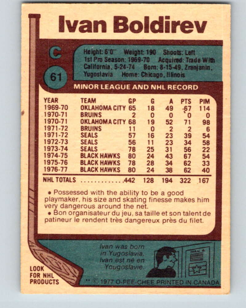 1977-78 O-Pee-Chee #61 Ivan Boldirev Chicago Blackhawks V13327