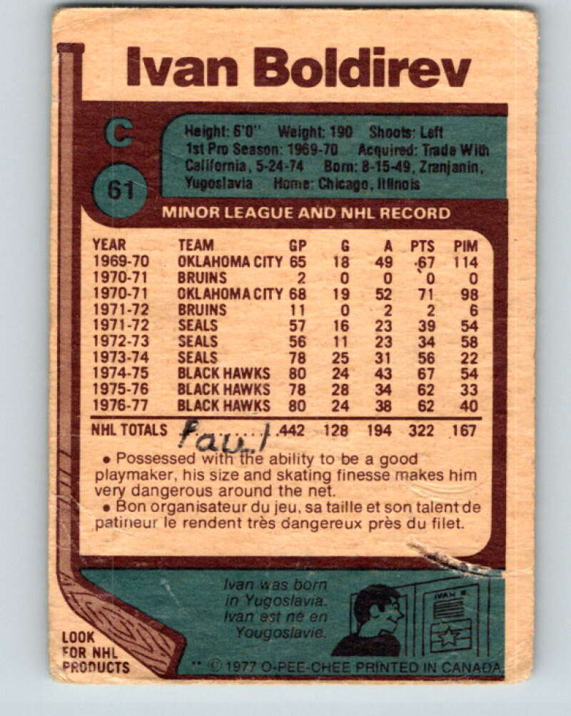 1977-78 O-Pee-Chee #61 Ivan Boldirev Chicago Blackhawks V13331