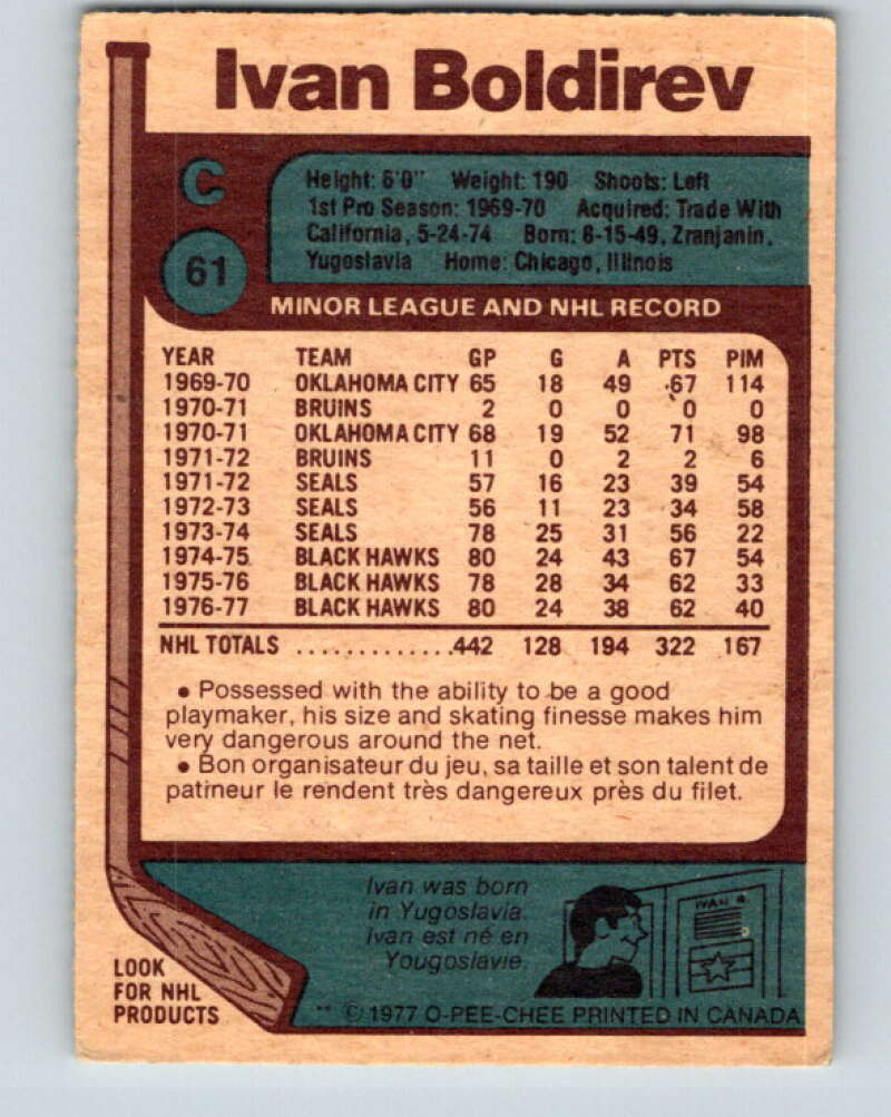 1977-78 O-Pee-Chee #61 Ivan Boldirev Chicago Blackhawks V13332