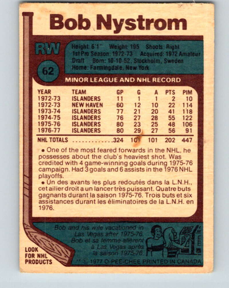 1977-78 O-Pee-Chee #62 Bob Nystrom New York Islanders V13336