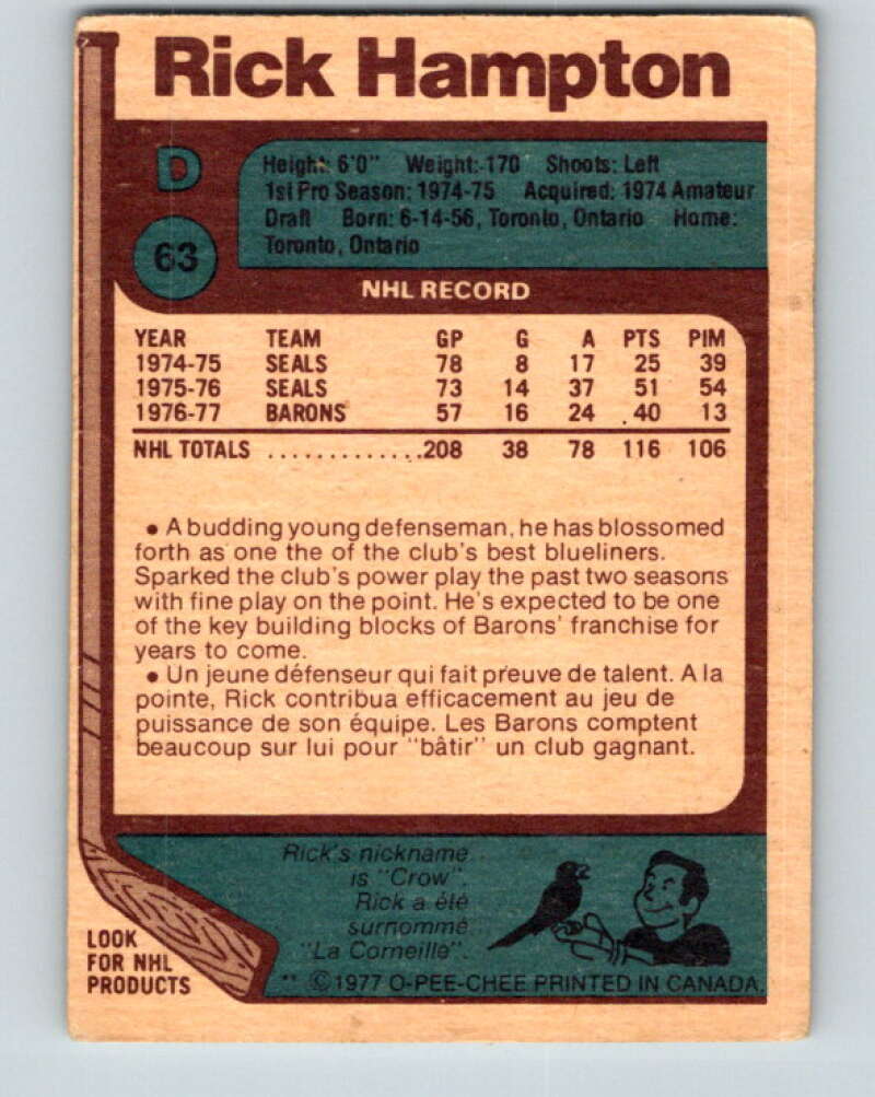 1977-78 O-Pee-Chee #63 Rick Hampton Cleveland Barons V13345