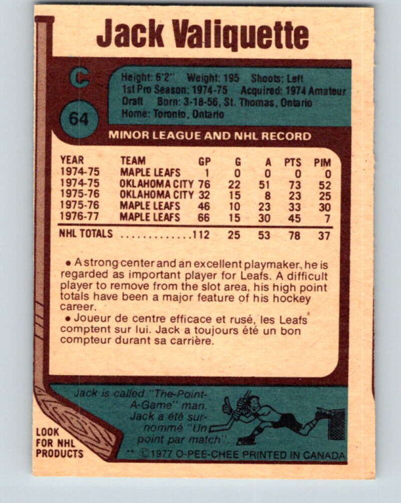 1977-78 O-Pee-Chee #64 Jack Valiquette Toronto Maple Leafs V13347