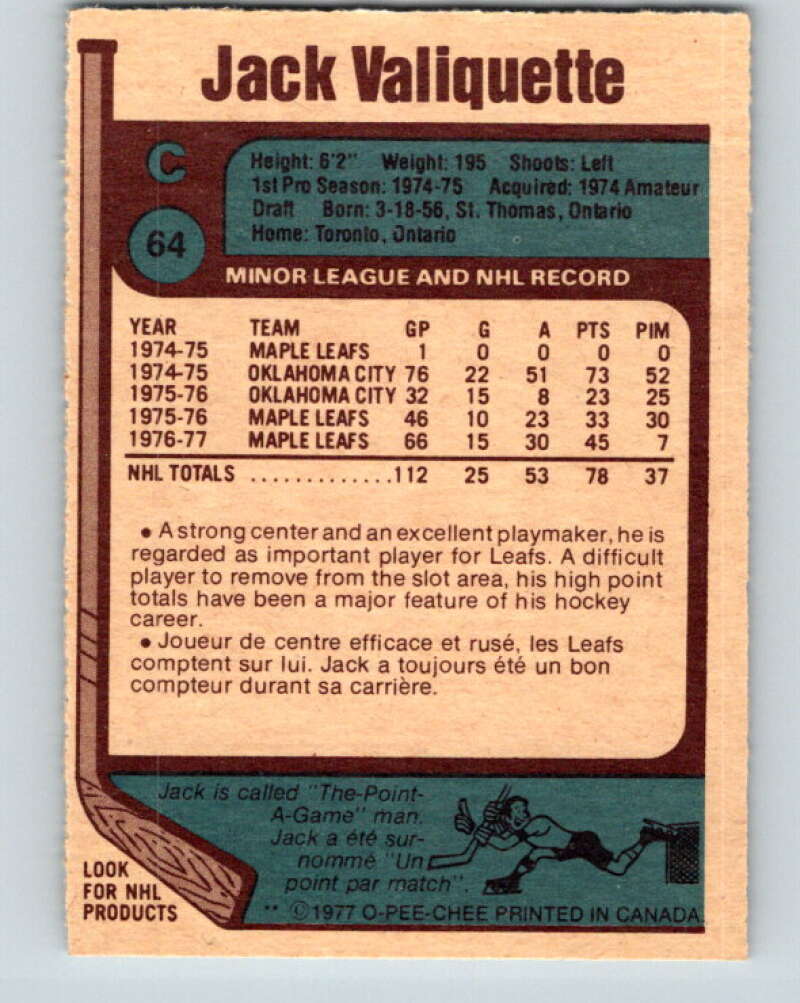 1977-78 O-Pee-Chee #64 Jack Valiquette Toronto Maple Leafs V13349