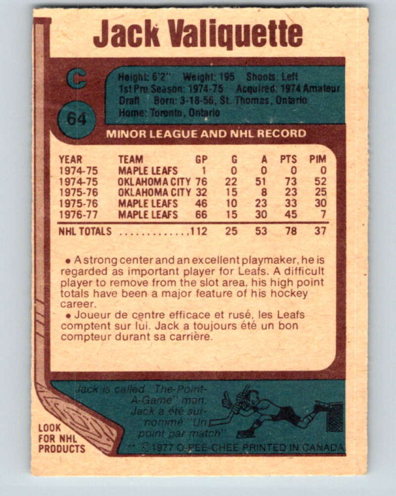 1977-78 O-Pee-Chee #64 Jack Valiquette Toronto Maple Leafs V13351
