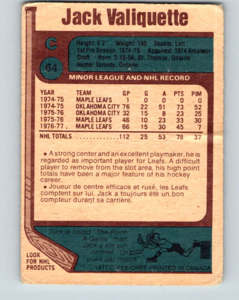1977-78 O-Pee-Chee #64 Jack Valiquette Toronto Maple Leafs V13353