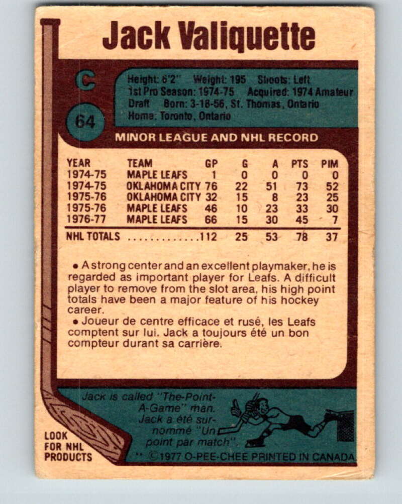 1977-78 O-Pee-Chee #64 Jack Valiquette Toronto Maple Leafs V13354