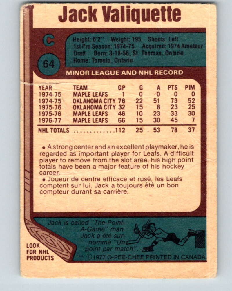 1977-78 O-Pee-Chee #64 Jack Valiquette Toronto Maple Leafs V13355