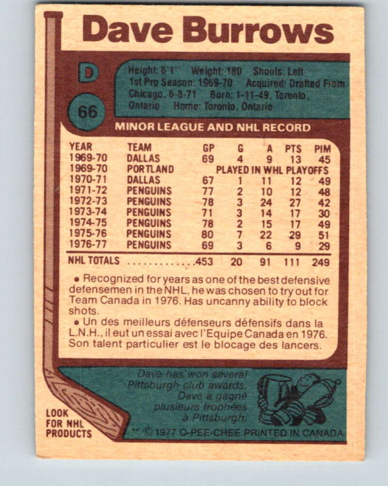 1977-78 O-Pee-Chee #66 Dave Burrows Pittsburgh Penguins V13366