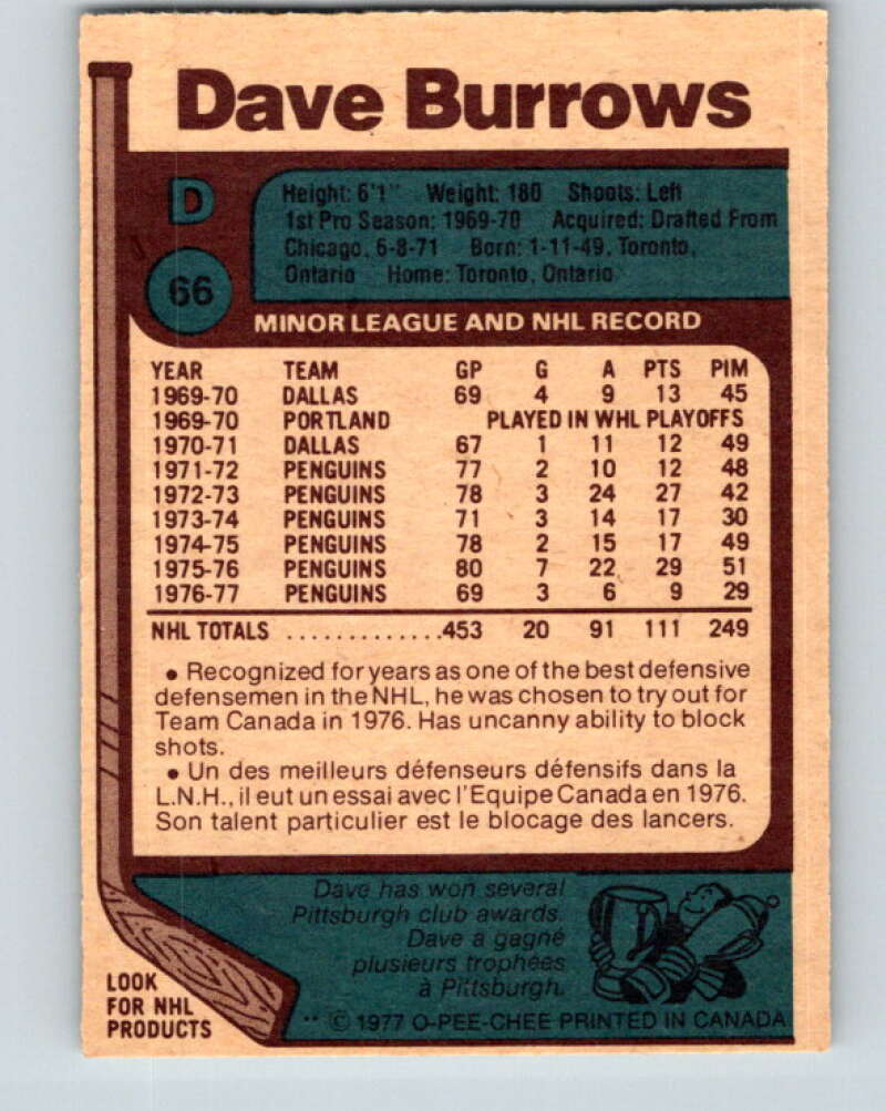 1977-78 O-Pee-Chee #66 Dave Burrows Pittsburgh Penguins V13367