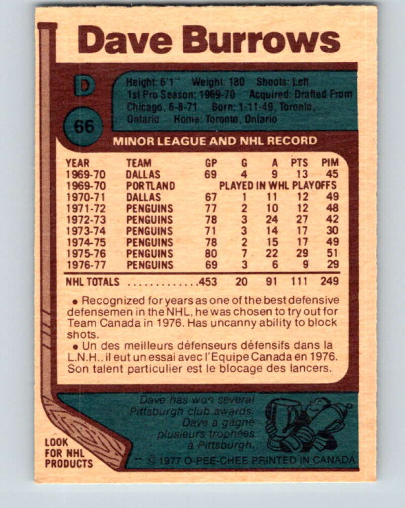 1977-78 O-Pee-Chee #66 Dave Burrows Pittsburgh Penguins V13371