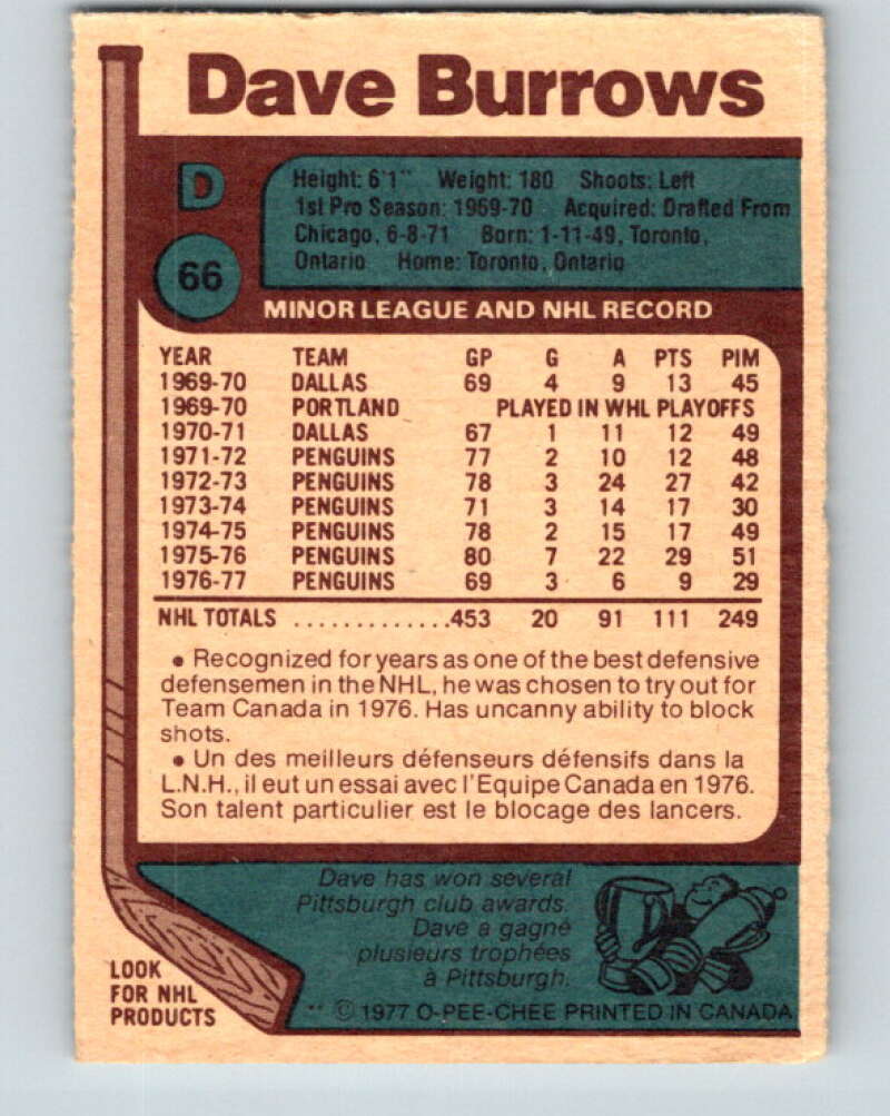 1977-78 O-Pee-Chee #66 Dave Burrows Pittsburgh Penguins V13372