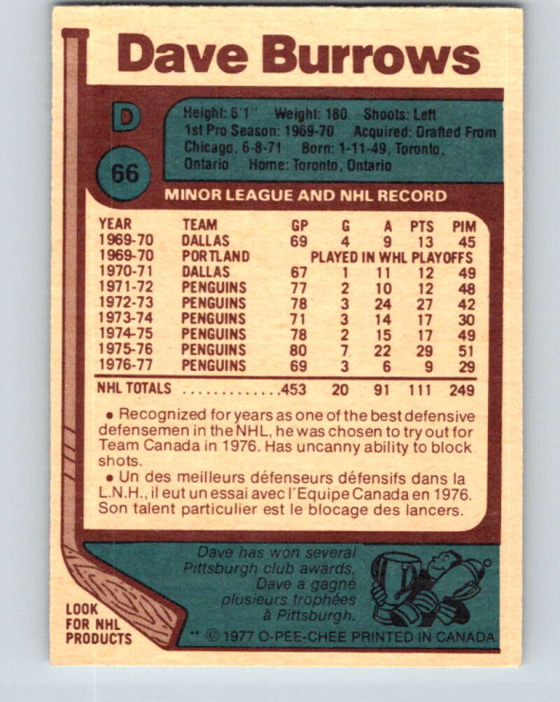 1977-78 O-Pee-Chee #66 Dave Burrows Pittsburgh Penguins V13373