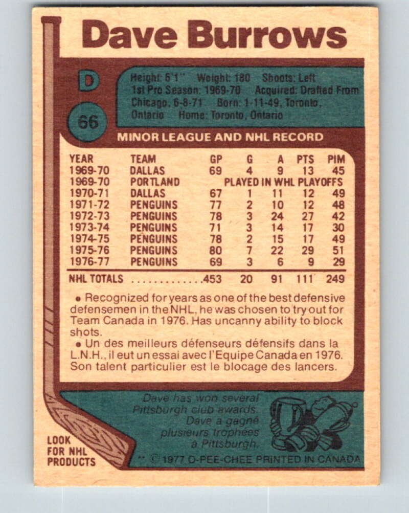 1977-78 O-Pee-Chee #66 Dave Burrows Pittsburgh Penguins V13374